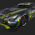 Mercedes AMG Racing Car With Green Stripes And Sponsor Badges
