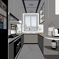 Modern Kitchen Interior with Gray Cabinets Marble Countertops Windows Built-in Appliances and Ceiling Lighting