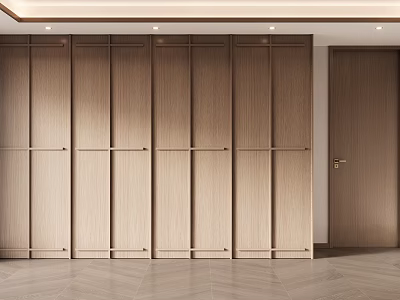 Modern Minimalist Wooden Wardrobe Design Featuring Panel Doors And Built in Storage Solutions 3d model