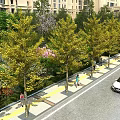 Scenic Municipal Road With Tall Buildings Yellow Leaf Trees Pedestrians And Flowers On Sidewalk
