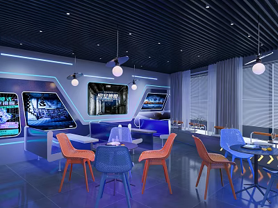 Modern Tech Inspired Leisure Interior With Colorful Chairs Round Tables Large Screens And Neon Lights 3d model