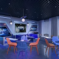 Modern Tech Inspired Leisure Interior With Colorful Chairs Round Tables Large Screens And Neon Lights