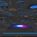 Futuristic Tech Interior Space With Blue Neon Lights And Circular Devices On Illuminated Floor