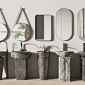 Various Stone Washbasins With Different Shaped Mirrors In Modern Bathroom Interior Design 3d model