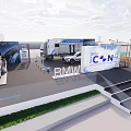 Exhibition Booth With Car Display Screen Outdoor Seating And Umbrella Shade Setup