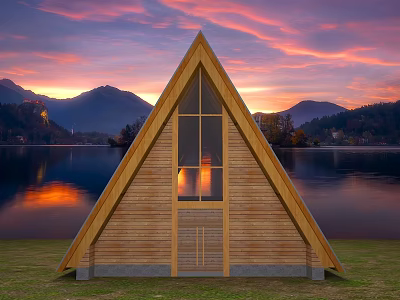 Ancient Wooden Architecture With Triangular Design Over Lake And Mountain Sunset View 3d model