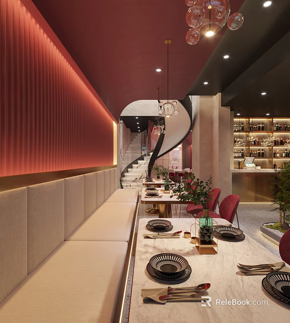 Modern Restaurant Interior With Curved Red Wall Long Dining Table Red Chairs And Wine Rack 3d model 