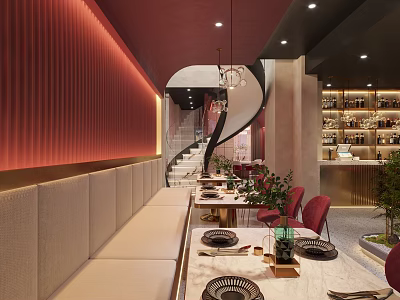 Modern Restaurant Interior With Curved Red Wall Long Dining Table Red Chairs And Wine Rack 3d model