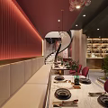 Modern Restaurant Interior With Curved Red Wall Long Dining Table Red Chairs And Wine Rack