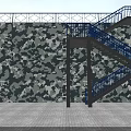 Outdoor Metal Staircase Featuring Blue Railings And Camouflage Patterned Wall Design