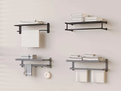 Modern Bathroom Accessories Featuring Wall Mounted Towel Racks With Folded And Hanging Towels 3d model