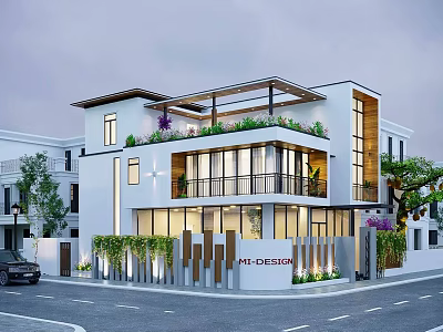 Modern Single Family House With White Exterior Large Glass Windows And Rooftop Greenery Design Elements 3d model