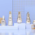 HR Cosmetics Display Featuring White Platforms Gold Decorations and Light Blue Background