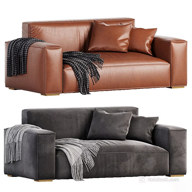 Brown Leather and Dark Gray Fabric Two-Seater Sofa with Decorative Pillows and Throws 3d model 