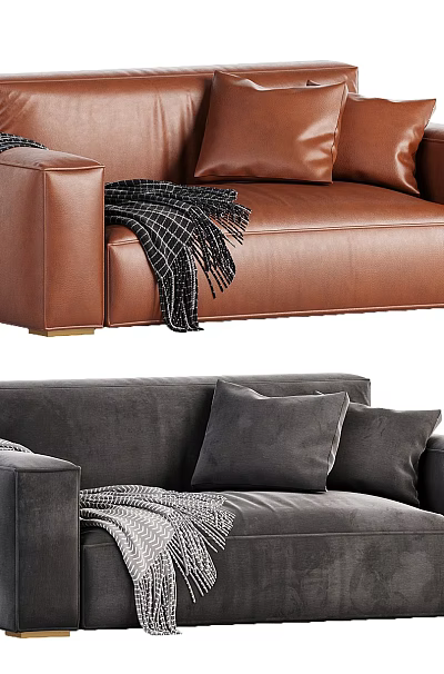 Brown Leather and Dark Gray Fabric Two-Seater Sofa with Decorative Pillows and Throws 3d model