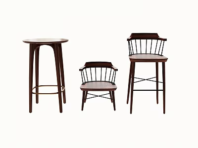 Set of Three Wooden Bar Stools With Backrest In Different Heights 3d model