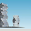 Tall Modern Stacked Office Buildings With Geometric Design And Glass Facade