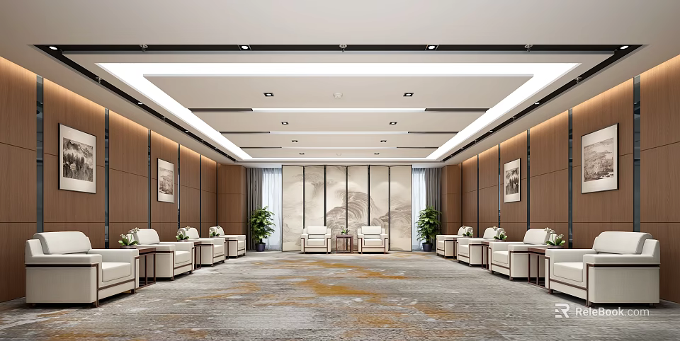 Modern Hotel Public Lounge Area With Wooden Walls Comfortable Sofas Green Plants And Ceiling Lighting 3d model 