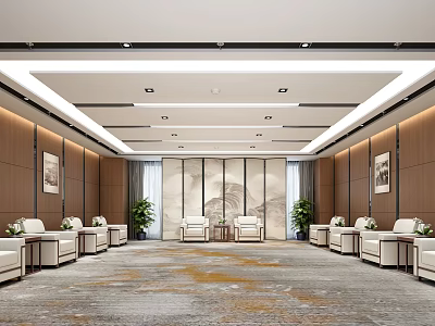 Modern Hotel Public Lounge Area With Wooden Walls Comfortable Sofas Green Plants And Ceiling Lighting 3d model