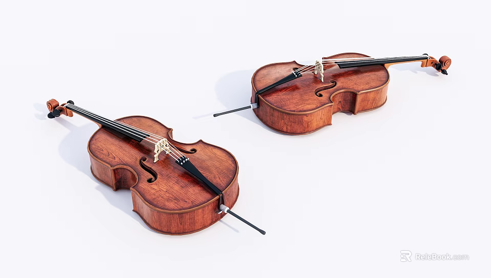 Two Elegant Wooden Violins As Musical Instruments Placed On White Background 3d model 
