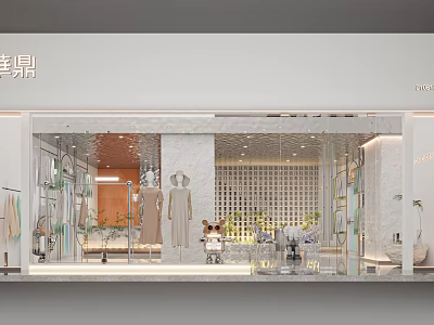 Modern Minimalist Clothing Store With Glass Storefront Mannequins Clothing Displays And Green Plants 3d model