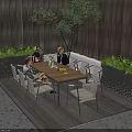 Outdoor Wooden Table with Chairs and People Chatting Surrounded by Green Plants on Patio with Wooden Wall