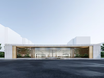 Modern Sales Office Building With Glass Facade Minimalist Design And Front Entrance Greenery 3d model