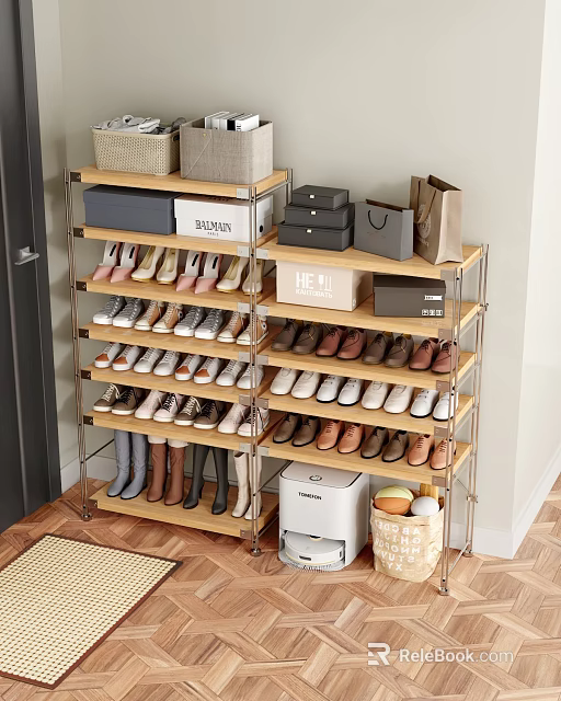Modern Storage Shelving Unit for Organized Shoe Storage with Stacked Boxes and Wicker Basket 3d model 