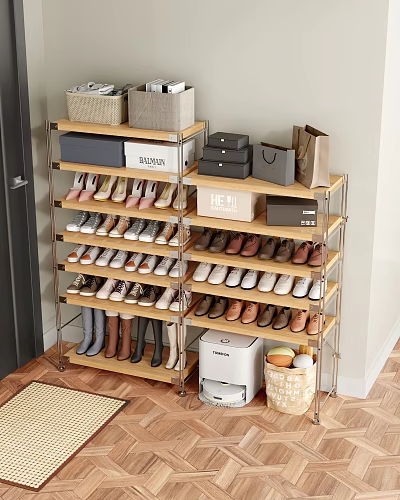 Modern Storage Shelving Unit for Organized Shoe Storage with Stacked Boxes and Wicker Basket 3d model