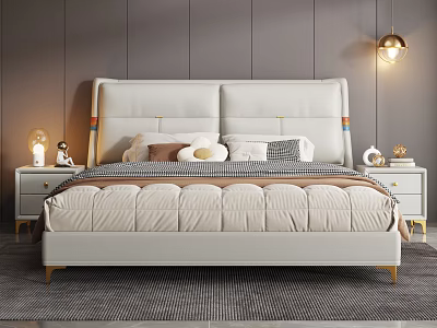 Modern White Double Bed with Leather Headboard Grey Wall Nightstands and Pendant Light 3d model