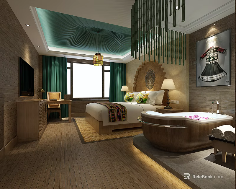 Hotel Guest Room Interior with Green Ceiling TV Desk Bathtub and Colorful Pillows 3d model 