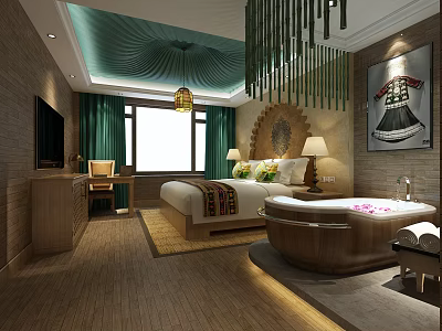 Hotel Guest Room Interior with Green Ceiling TV Desk Bathtub and Colorful Pillows 3d model