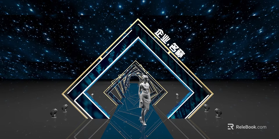 Starry Sky Background Geometric Frame Passageway With Bright Lights And Person Standing 3d model 