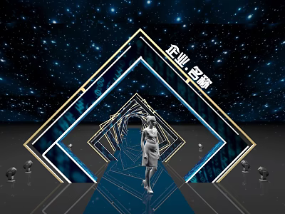 Starry Sky Background Geometric Frame Passageway With Bright Lights And Person Standing 3d model