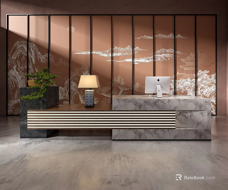 Modern Reception Desk with Marble Surface and Landscape Screen Featuring Computer Lamp and Green Plant 3d model 