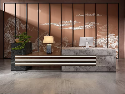 Modern Reception Desk with Marble Surface and Landscape Screen Featuring Computer Lamp and Green Plant 3d model