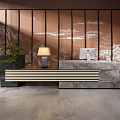 Modern Reception Desk with Marble Surface and Landscape Screen Featuring Computer Lamp and Green Plant
