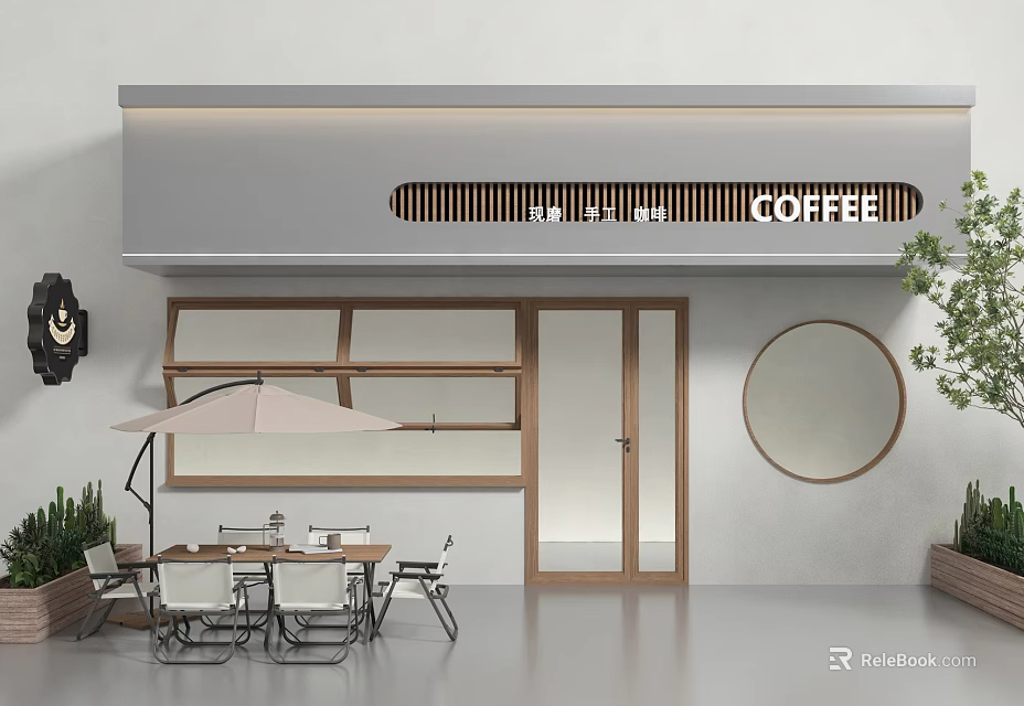 Coffee Shop Storefront With KOFFEE Sign Wooden Elements Outdoor Seating And Umbrella 3d model 
