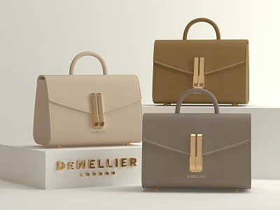 DEMELLIER Luxury Top Handle Handbags in Beige Brown Gray with Golden Clasp Displayed on Platform 3d model