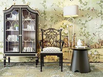 Ornate Armchair in Room with Floral Wallpaper Bookcase Floor Lamp and Side Table 3d model