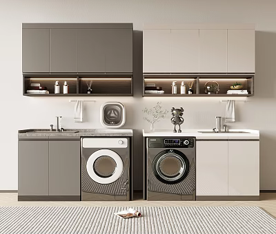 Modern Bathroom Cabinets And Shelves With Sink Faucet Washing Machine And Storage Space 3d model