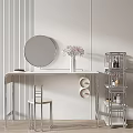 Modern Minimalist Dressing Table With Round Mirror Pink Flower Vase Chair And Metal Shelf
