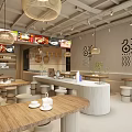 Modern Restaurant Interior With Pendant Lights Wooden Tables Menu Screens And White Counter