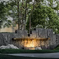 Natural Stone Landscape Wall Design With Warm Lighting And Surrounding Trees