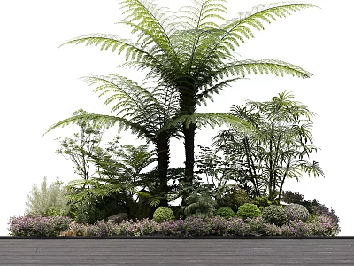 Lush Green Plants And Tall Ferns With Low Shrubs Purple Flowers On Dark Wooden Ground 3d model