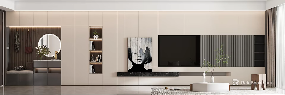 Modern Living Dining Room Interior With TV Wall Bookshelf Decorative Painting And Marble Top 3d model 