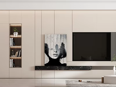 Modern Living Dining Room Interior With TV Wall Bookshelf Decorative Painting And Marble Top 3d model