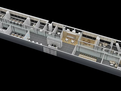 Birds Eye View Of Modern Office Interior Layout With Cubicles Tables Chairs And Functional Spaces 3d model