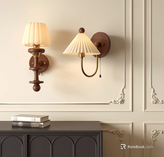 Classic Wall Lamps With Wooden Base And Pleated White Shades On Decorative Beige Wall 3d model 