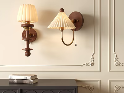 Classic Wall Lamps With Wooden Base And Pleated White Shades On Decorative Beige Wall 3d model